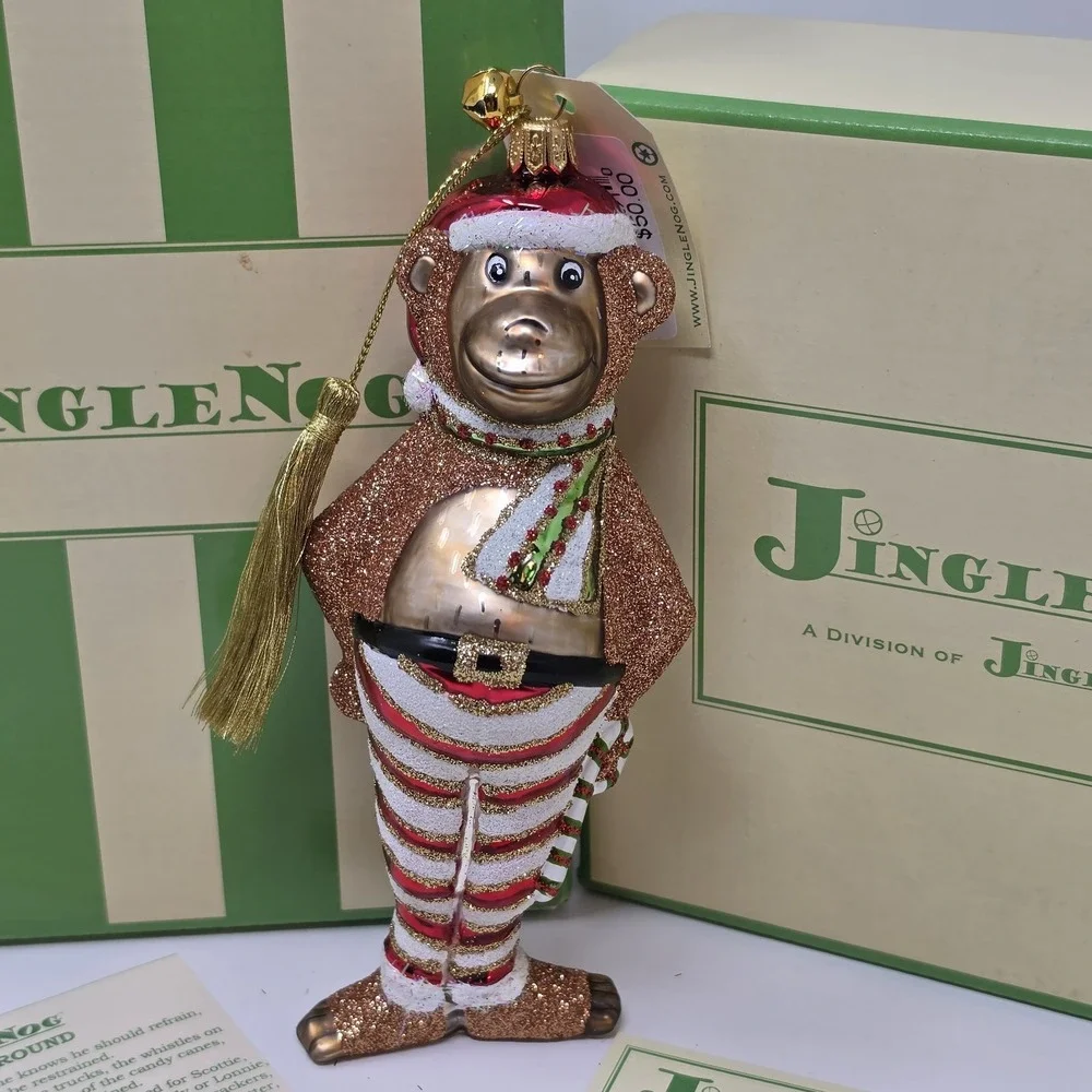 JingleNog Monkeyin Around White Ornament #80076 Hand Blown & Painted in Poland